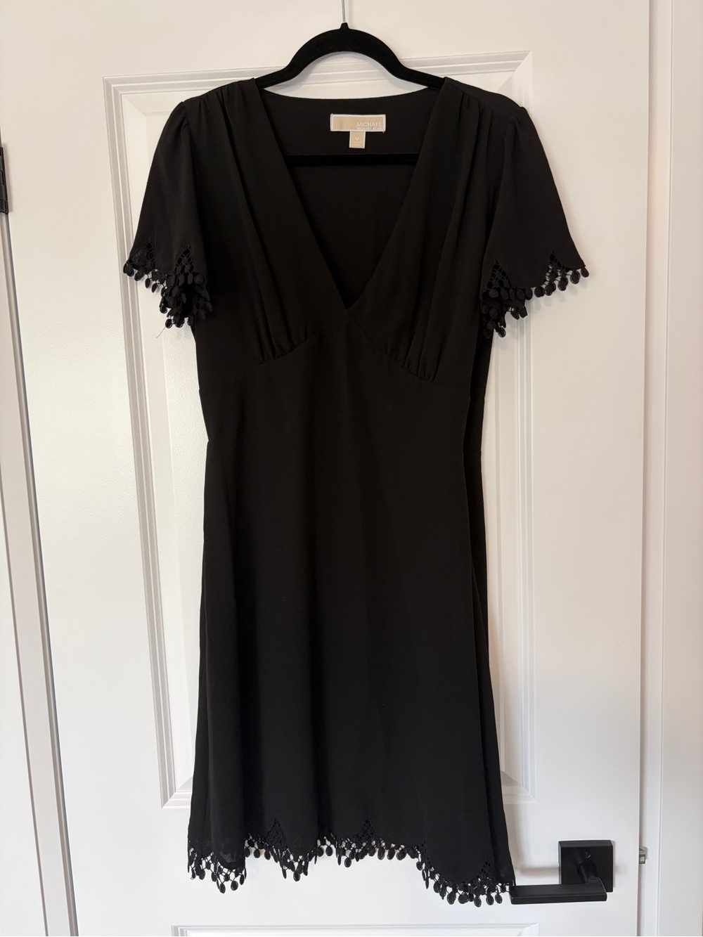 Michael Kors Black V-Neck Short Sleeve Dress with Pom Trim